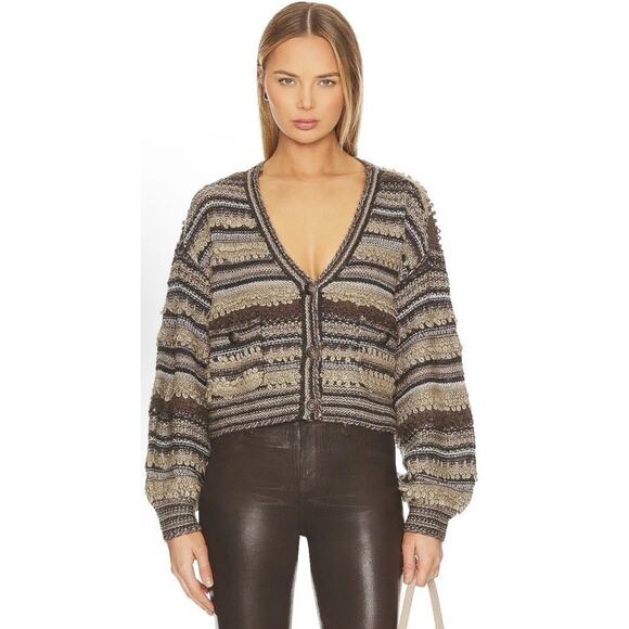 L'Agence Harriet Blouson Sleeve Wool Blend Cardigan Brown Mulit Stripe M $360 - Picture 1 of 16